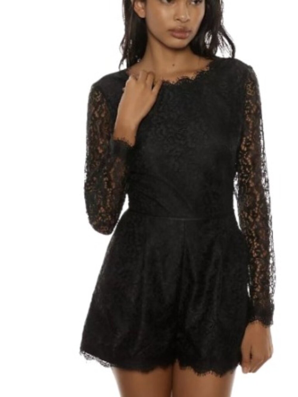 By Anthropologie Womens Long Sleeve Romper Black Floral Lace Bow Back Pockets 14